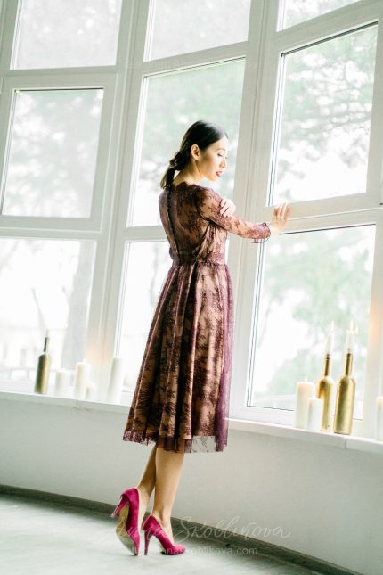 Simple berry red lace middle length wedding dress by Anna Skoblikova