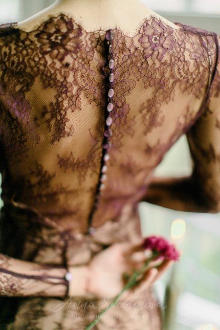 Simple berry red lace middle length wedding dress by Anna Skoblikova