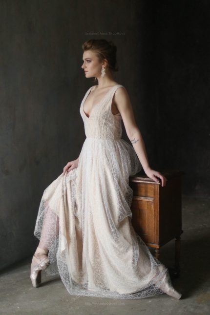 Tender mesh Wedding dress with slightly visible pattern