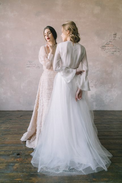 White wedding set from silk blouse and tulle skirt A