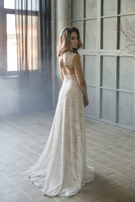 Champagne lace wedding dress with open back by Anna Skoblikova